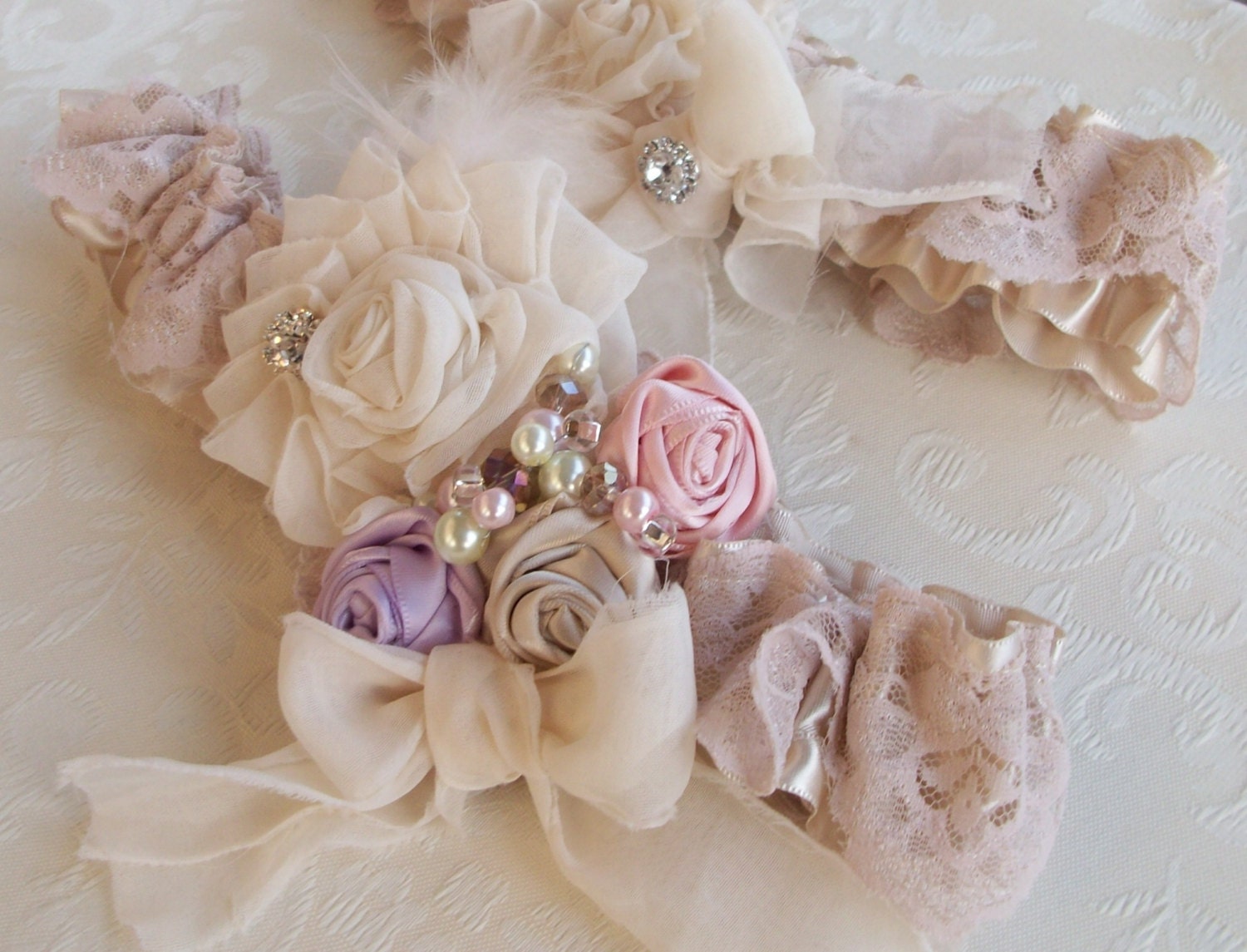 Wedding Garter and Toss/Vintage Style - Shabby Chic Wedding Garter with Pearls and Rhinestones- Tessie