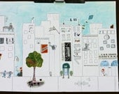 City Life - Its Springtime, original mixed media drawing, illustration, New York City, paper, collage, buildings, windows, city street