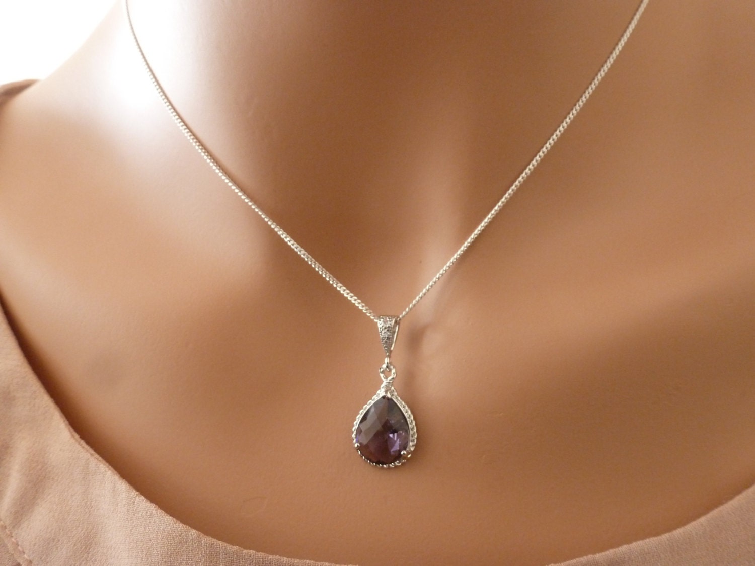 Amethyst necklace - Sterling Silver - Purple Jewelry - Bridal jewelry - Bridesmaids Gift - Amethyst Purple Teardrop Necklace