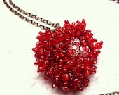 valentine heart beaded pendant - red glass seed beads , crystal swarovski flowers - crazy love , handmade