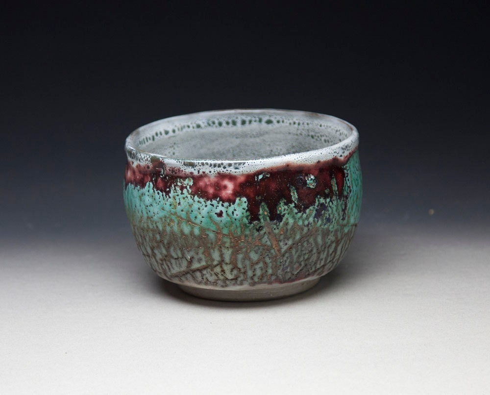 teal red green ceramic bowl chawan