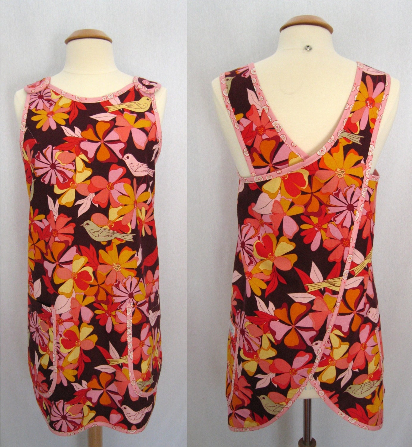 Linen Crossback Apron Smock with Red, Pink, Yellow Birds and Flowers on an Eggplant Background  - Valori Wells Jenaveve Fabric