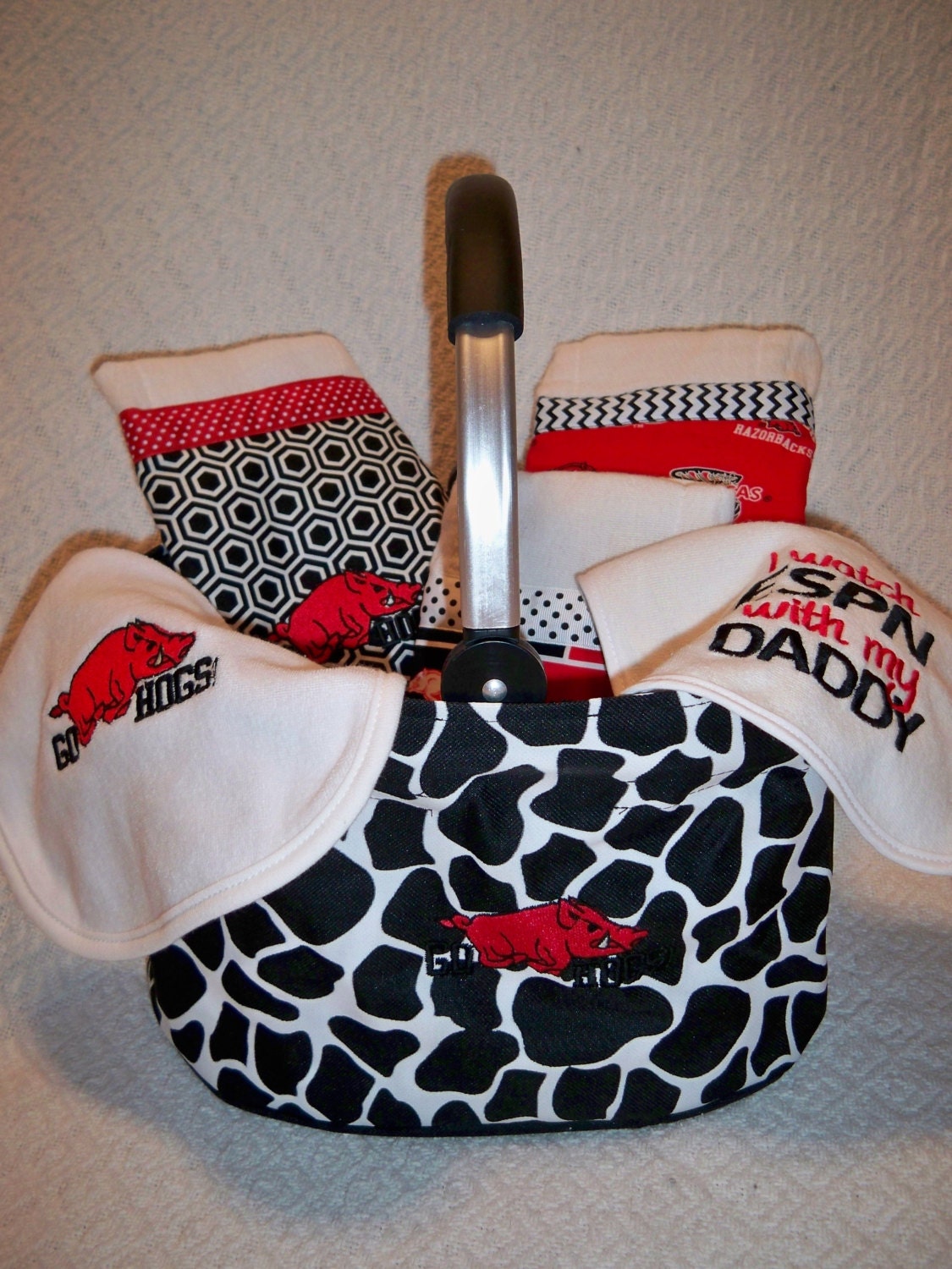 Arkansas Razorback 6 Piece Baby Gift Set - Red Razorback Basket, Set of 3 Go Hogs Burp Cloths, and 2 Bibs - Woo Pig Sooie