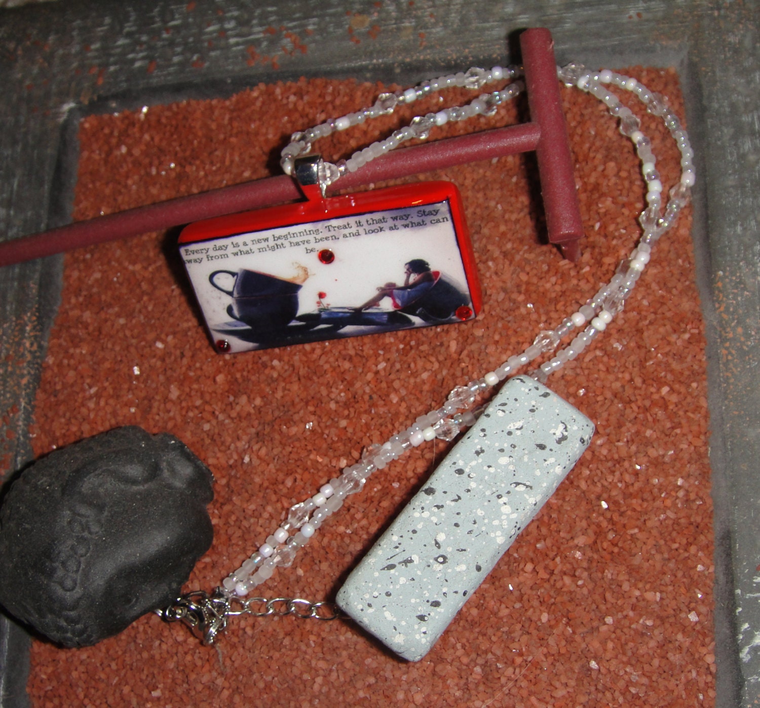 Every Day Is A New Beginning... Look At What Can Be Recycled Domino Pendant Necklace with Swarovski Crystal and Glass Bead Necklace