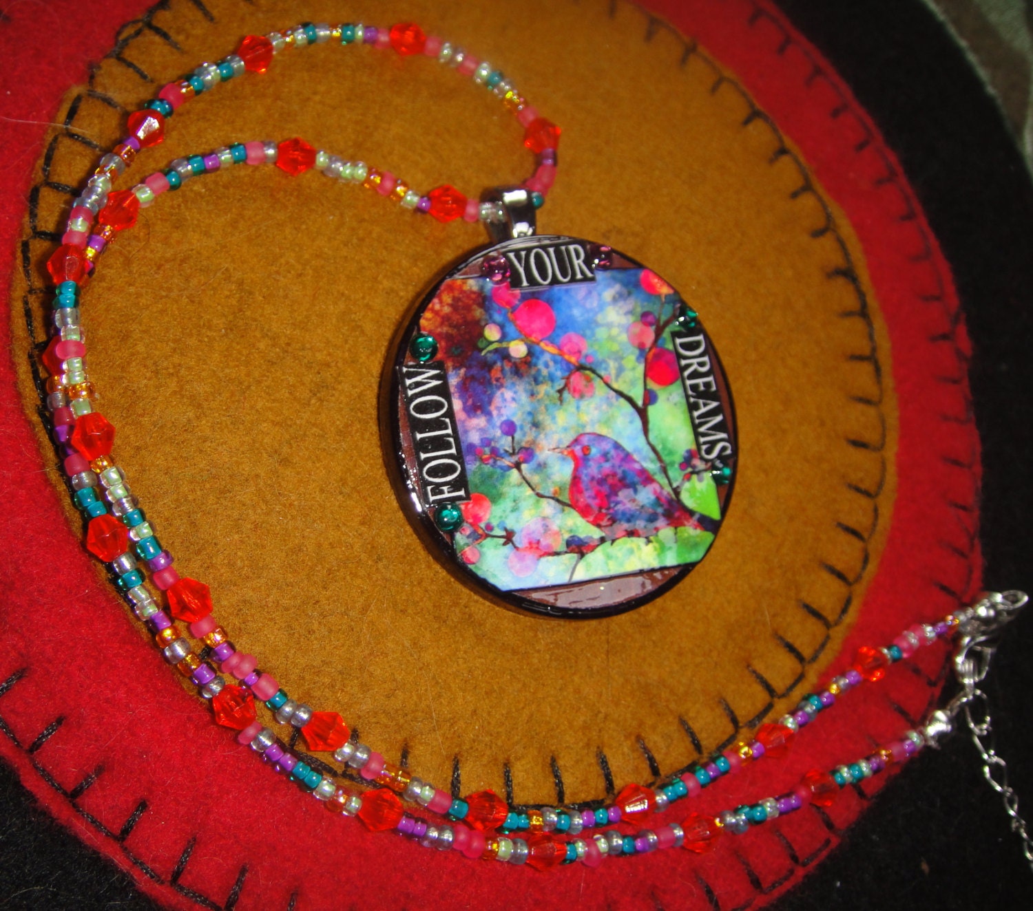 Follow Your Dreams Tie-Dyed Watercolor Bird on a Branch Recycled Poker Chip Pendant Necklace with Swarovski Crystal Bling