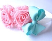 Flower Headband- Baby Pink and White Polka Dot Shabby Flower with Aqua Bow- Newborn, Infant, Toddler, Child, Teenager or Adult