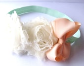 Newborn Photo Prop Headband- Ivory Shabby Flower with Peach Bow- Newborn, Infant, Toddler, Child, Teenager or Adult