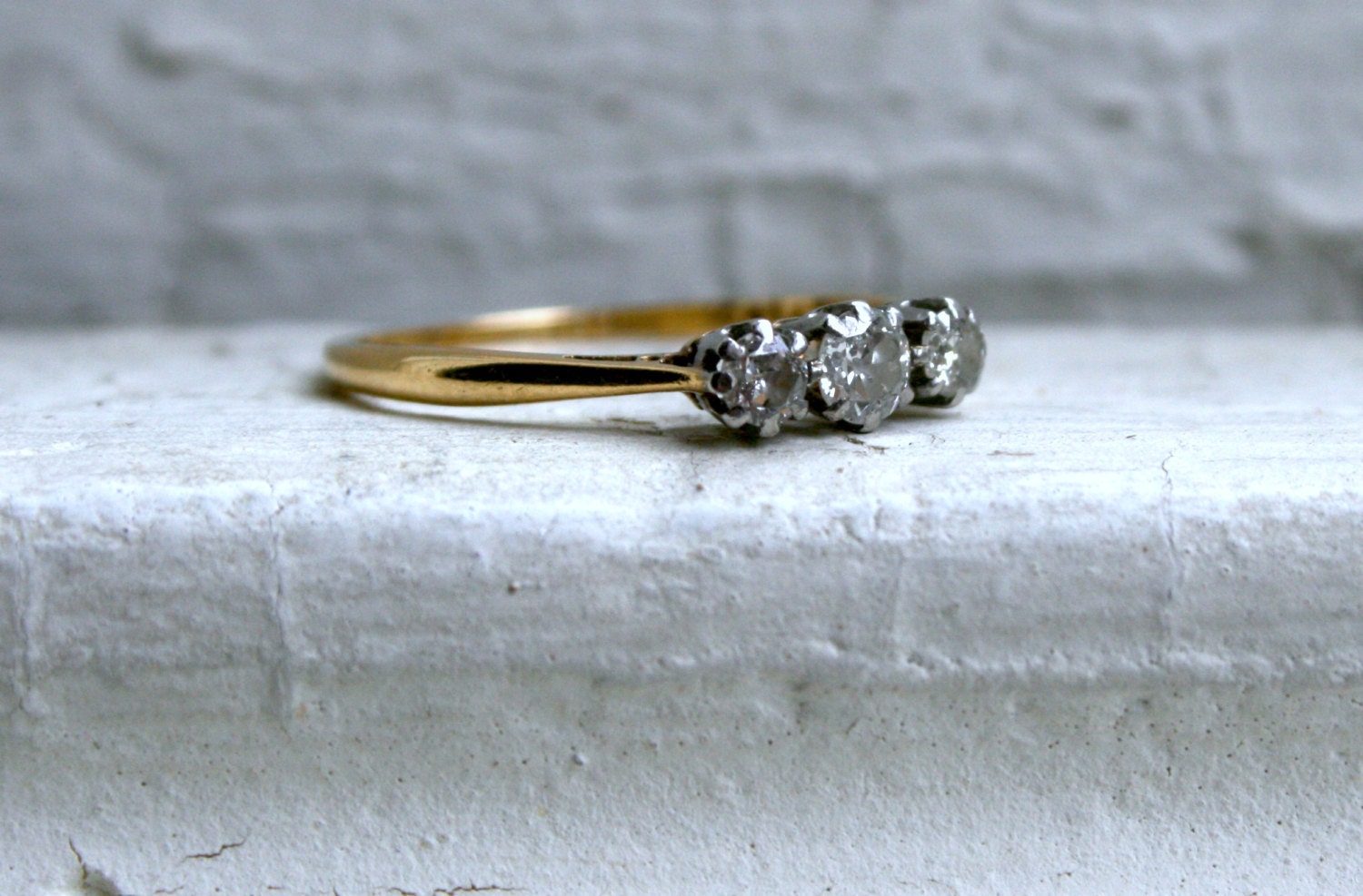 Pretty British Vintage 18K Yellow Gold/ Platinum Three Stone Diamond Engagement Ring.