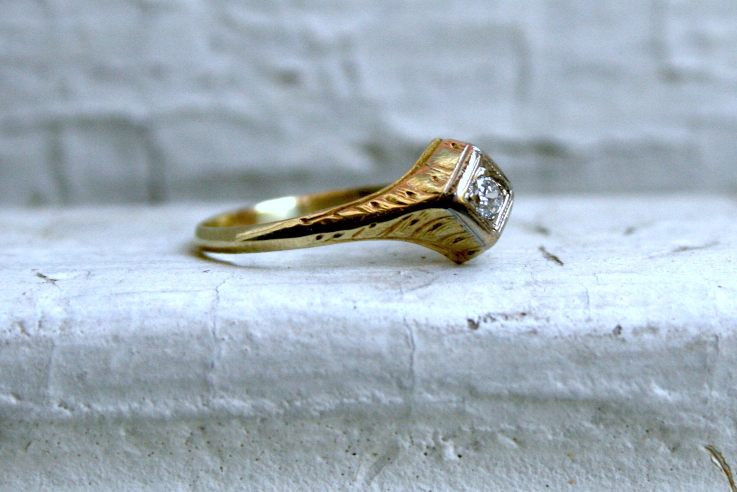 Super Sweet Engraved 14K Yellow Gold Diamond Engagement Ring