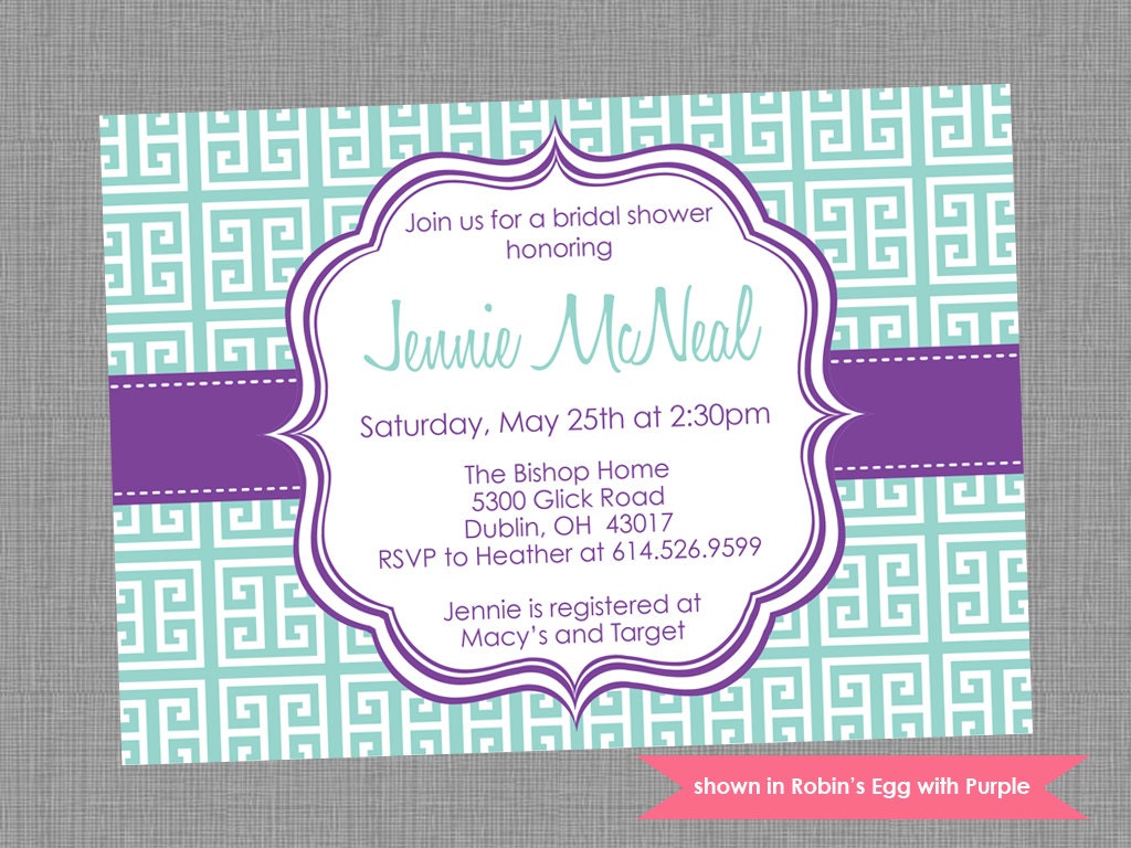 Bridal Shower Invitation - Printable Shower Themed Greek Keys Invite - Colors and Text Customizable Il_570xn