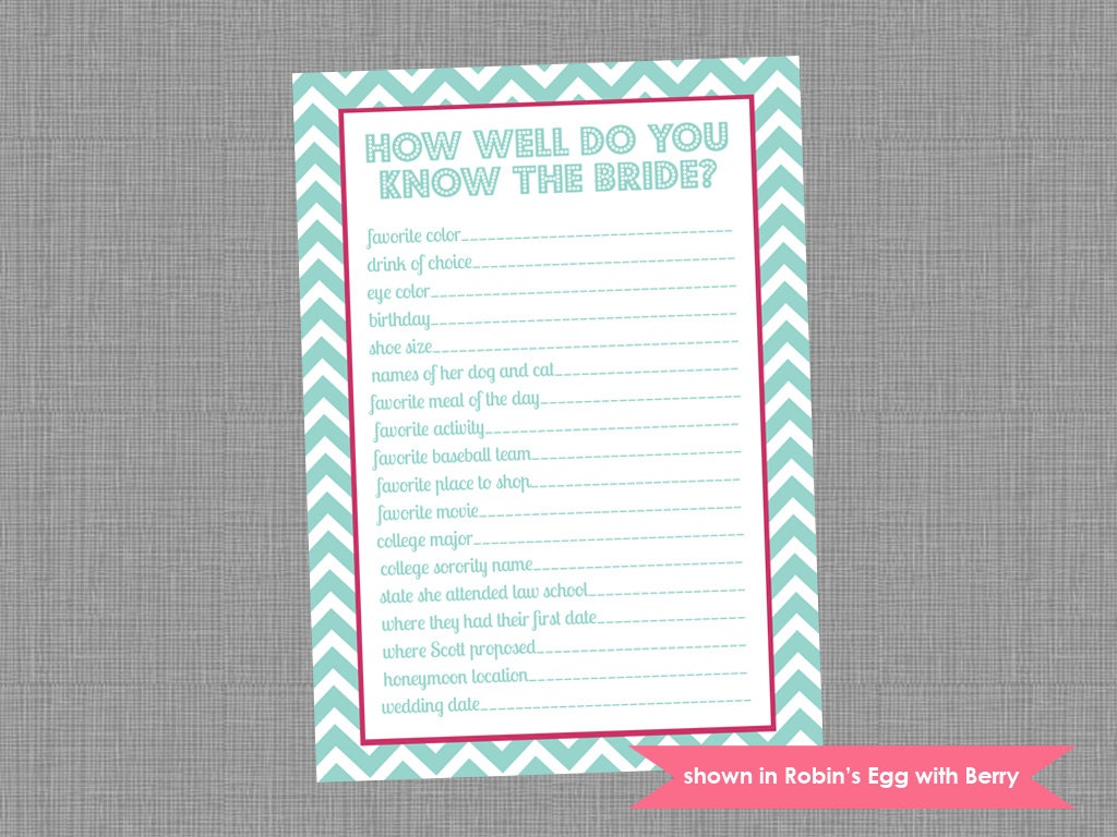 Bridal Shower Game - Printable Shower Themed Chevron Know the Bride Game - Colors and Text Customizable Il_570xn