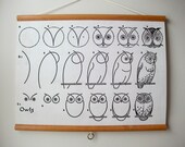 Canvas Vintage Style School Chart with Wood Trim - How to Draw Owls (24"x18")