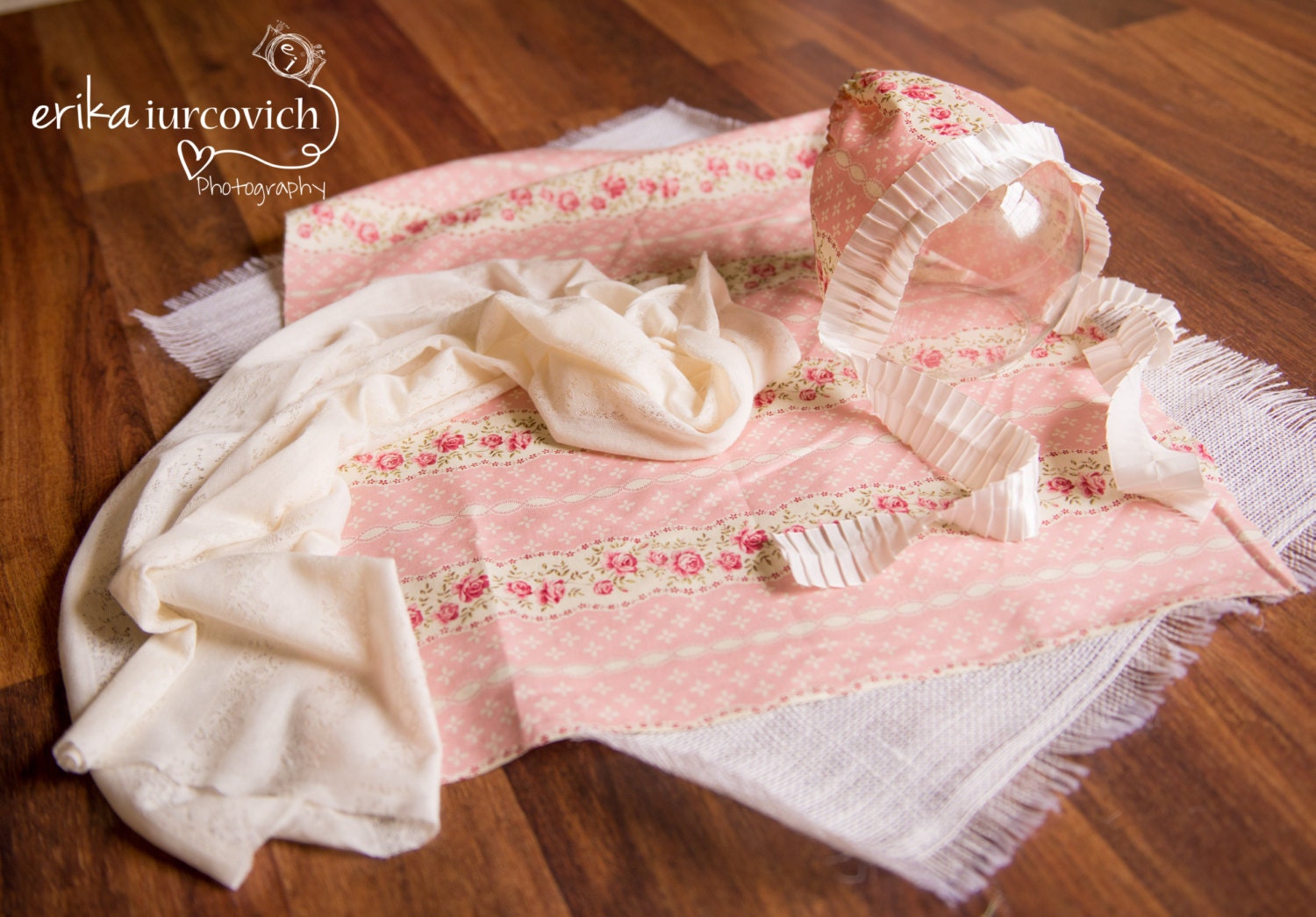 3 piece layering set with lace or fabric bonnet, newborn & baby photography prop, 1 fabric layers, 1 burlap layer and 1 stretchy wrap layer