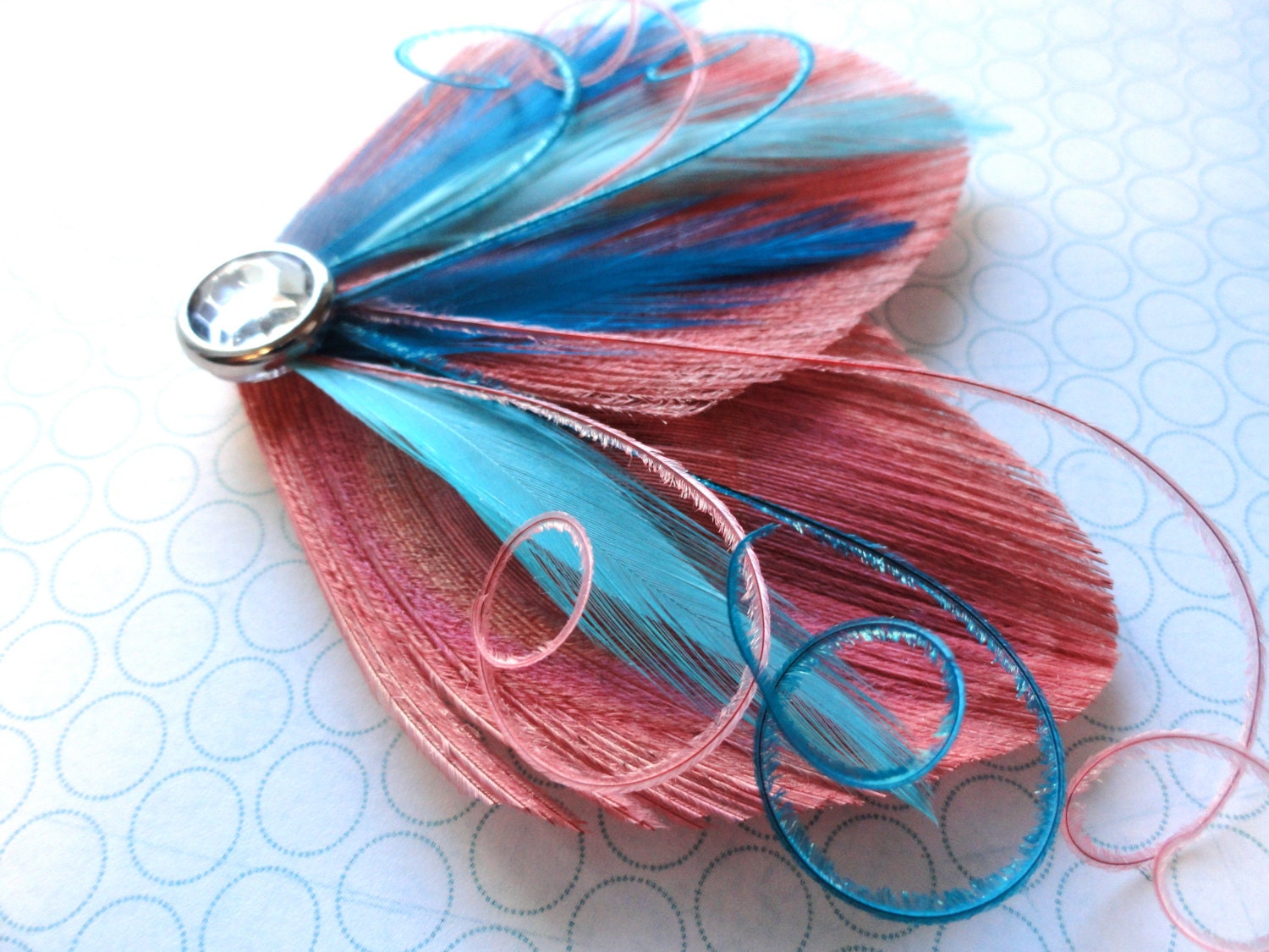 DREAM in Coral and Turquoise Peacock Feather Hair Clip, Feather Fascinator