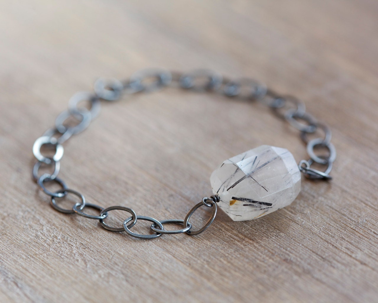 Rutilated quartz bracelet with oxidized sterling silver chain