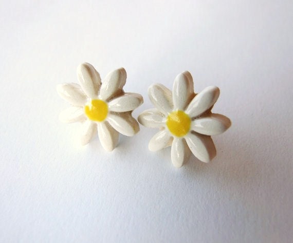 Daisy ceramic earrings small white yellow stud posts Spring Summer