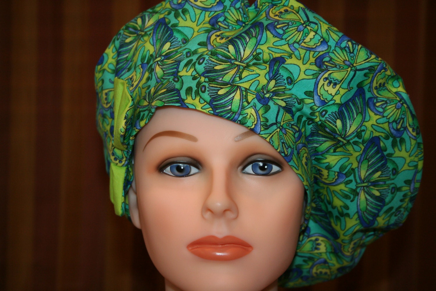 BOUFFANT Surgical Scrub Hat--Beret Style with Side Bow--Blue Butterfly