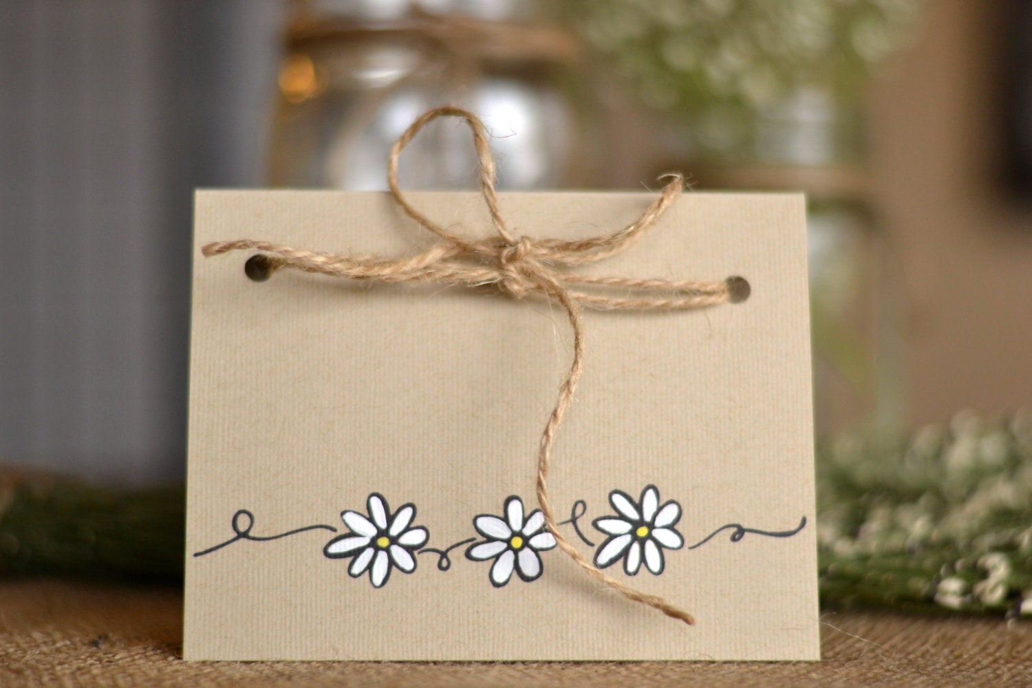 Rustic Greeting Card, Blank, Kraft, Hand Painted, White Flowers