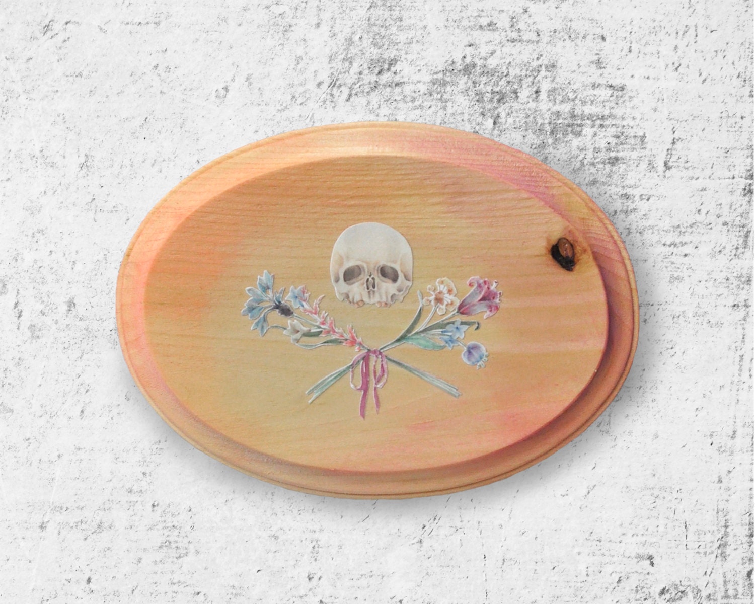 PAPERCUT of  "Skull x Flowers" illustration on stained wood plaque, collage/decoupage paper craft