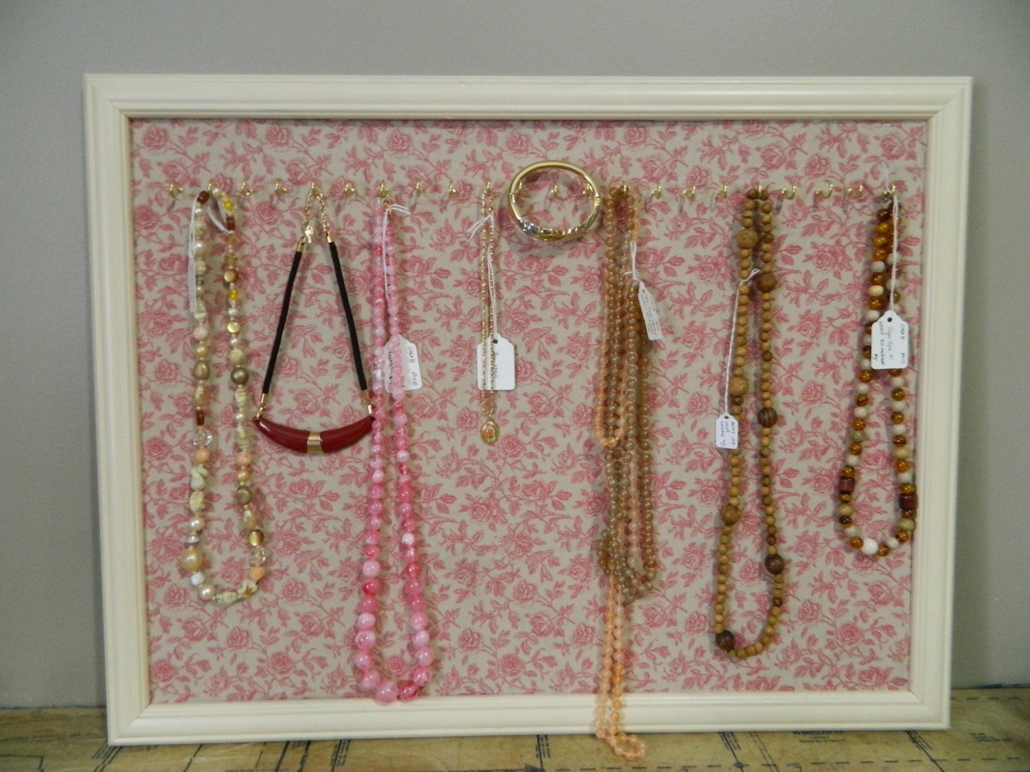 Antique White Upcycled Jewelry Organizer and Display from Vintage Frame and Fabric