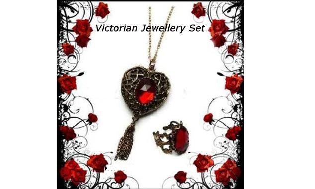Gold Heart Necklace, Red Heart Necklace, Victorian Necklace, Heart Pendant, Filigree Heart Pendant & Ring Set, Red Gold Ring