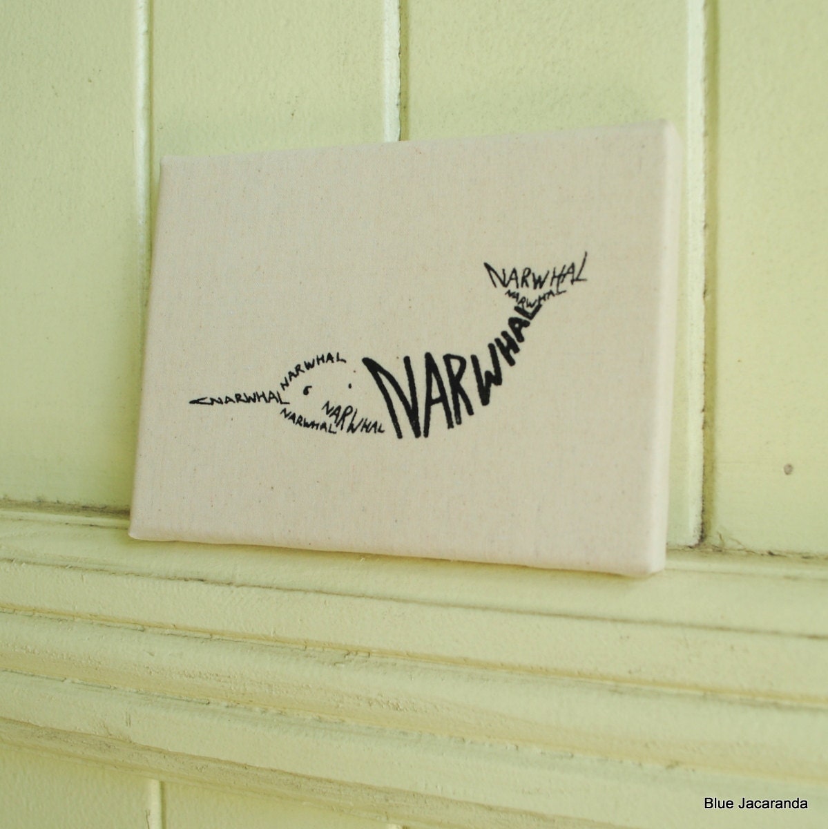 Narwhal Print Stretched on Canvas - Screenprint Black on White - Word Art - Calligram