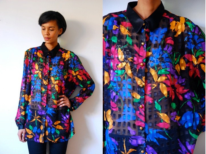 Vtg Sheer Black Colorful Floral Print Button Down Shirt