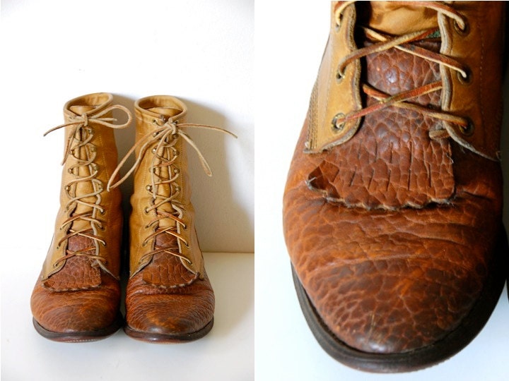 Vtg 8.5 Mens Justin Roper Tan Lace Up Boots