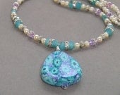 Lavender, turquoise and white flower polymer clay pendant necklace and earring set, purple and teal flower necklace set