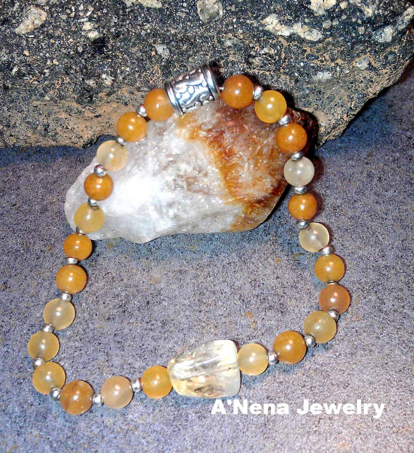 Men's Bracelet: Citrine, Quarzite & 925 Sterling Silver "Meditation"