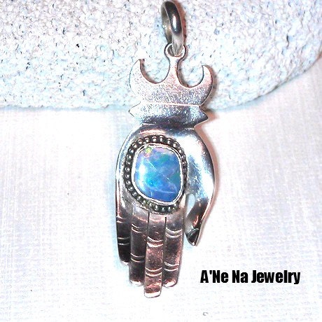 Hamsa On Leather Chord , Sterling Silver with Fire Opal