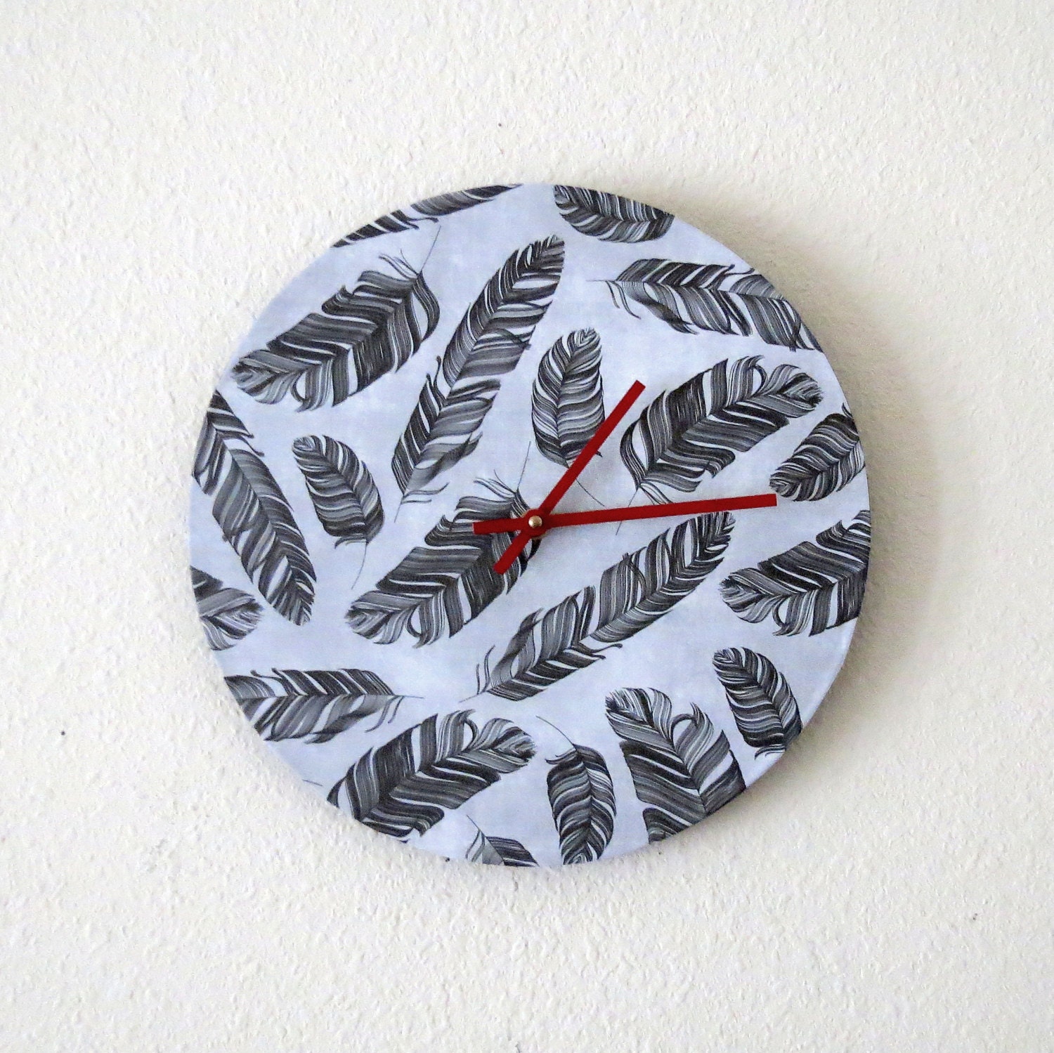 Modern Wall Clock, Decor and Housewares, Black and White Clock,  Home and Living, Feather Decor, Eco Friendly Decor, Unique Gift