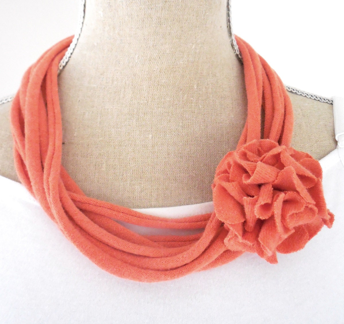 Upcycled Nectarine Orange Sweater Noodle Necklace with Removable Flower Clip, Repurposed Recycled Knit Sweater Loop Scarf, Accessory