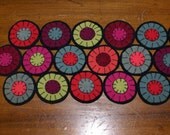 primitive folk art Spring upcycled wool hand stitched penny rug runner candle mat