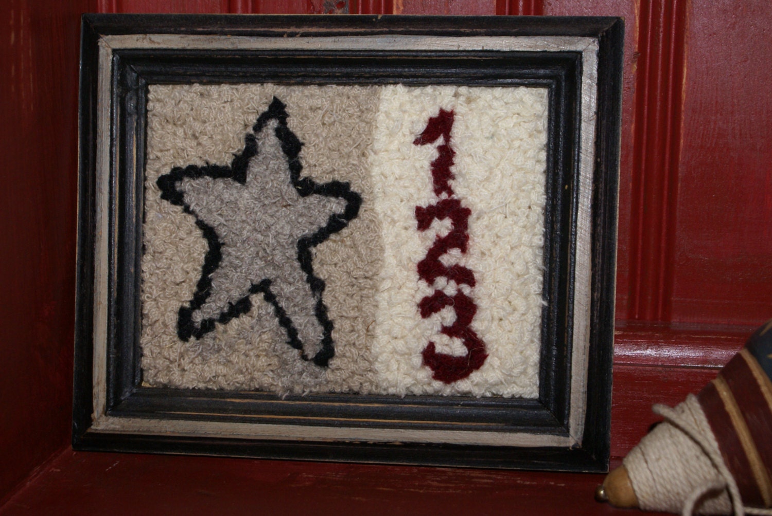 primitive folk art wool hooked star wall hanging