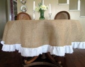 72" Round Burlap Table Cloth with White Torn Linen Ruffle