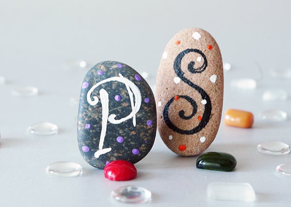 Any 2 Initial Letters with Magnets, Monograms, Beach Stones, Personal Gift Idea, Beach Pebbles by HappyEmotions