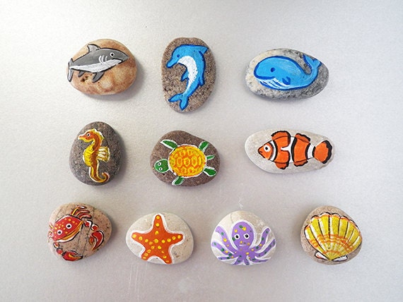 Under The Sea Magnets, Play for Magnetic Chalkboard, Eco Toys, Gift Idea for Kids, Painted Beach Stones by Happy Emotions