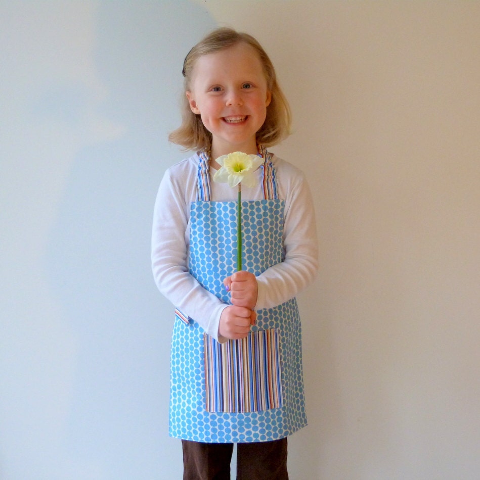 Fun Child's Apron, Montessori Apron, Blue Polka Dot, Free Domestic Shipping