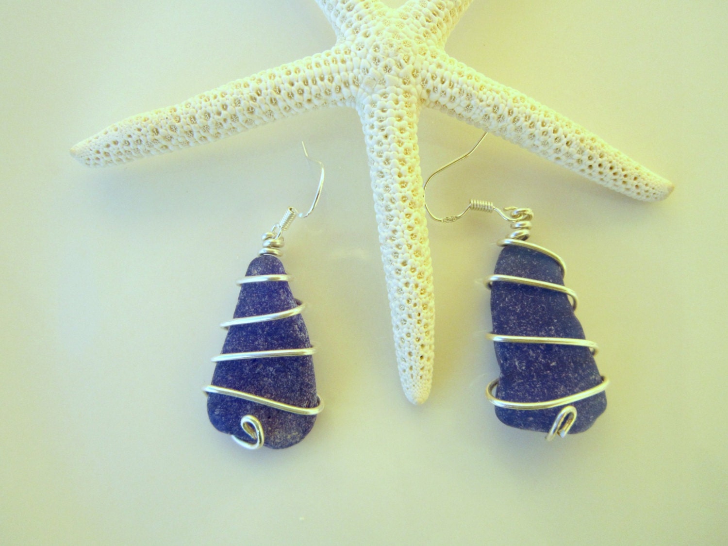 Cobalt Blue Sea Glass earrings dangle long wire wrapped silver earrings