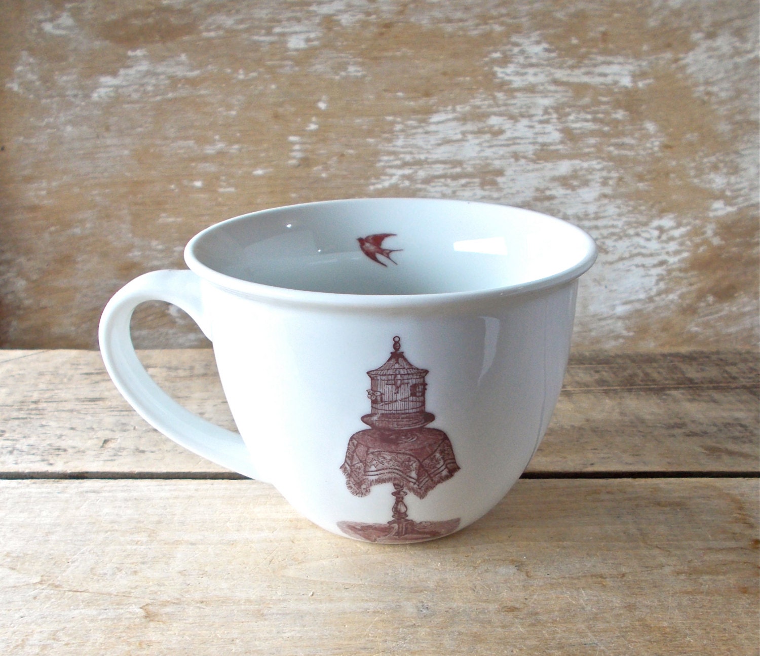 Mug With Bird and Birdcage, Pitcher Basin, Left Handed, 14 oz Teacup Style Mug, Porcelain, Dishwasher Safe Coffee Mug, Ready to Ship