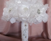 Elegant Winter White Vintage Inspired Fabric Flower  Brooch Bridal Bouquet with Rhinestone and Pearl Brooches Custom Made to Your Colors