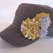 Grey Cadet Military Distressed Army Hat with Mustard Yellow and Grey Shabby Frayed Flowrers and Matching Rhinestone Accent