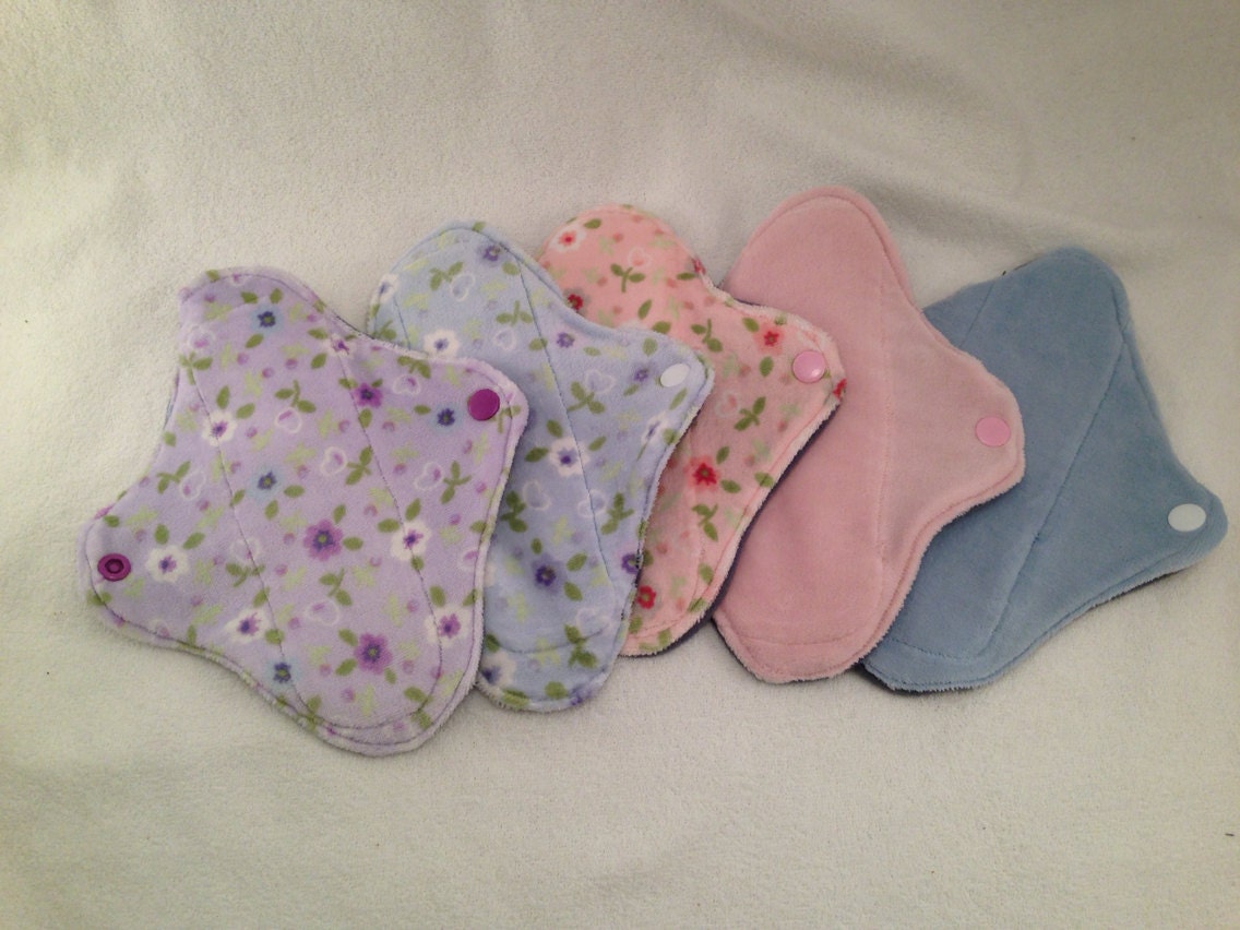 Cotton Velour Set of Five Reusable 8" Cloth Menstrual Pads Panty Liners