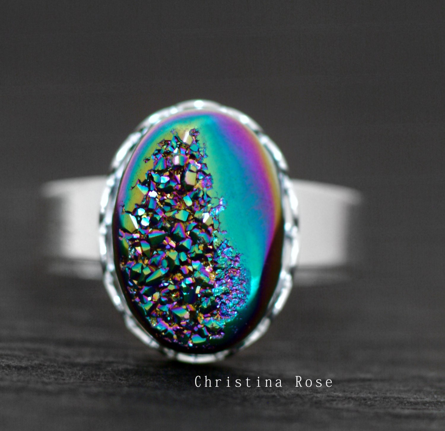 Pick Your Color TITANIUM DRUZY, Turquoise Aura, Indigo, Gold, Black or Burgundy Gemstone Ring - Natural Stone Ring Silver Adjustable Band