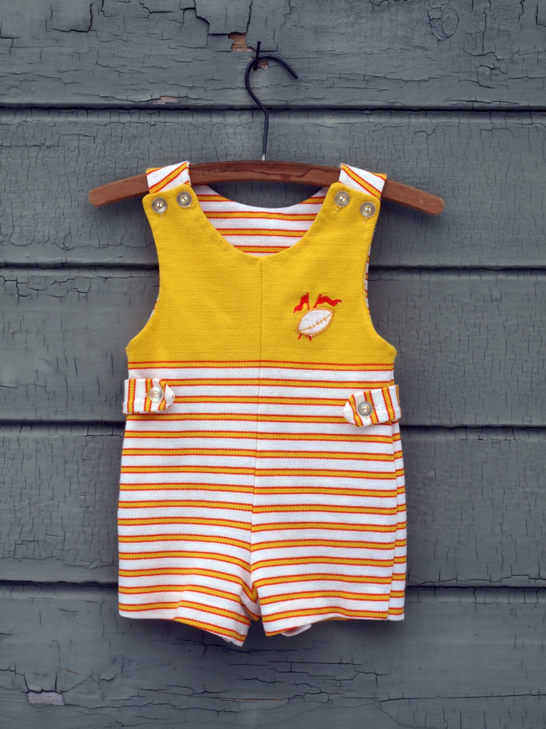 vintage health-tex bright yellow white and orange striped jumper romper shortalls with football applique - WeeLittleOnesVintage