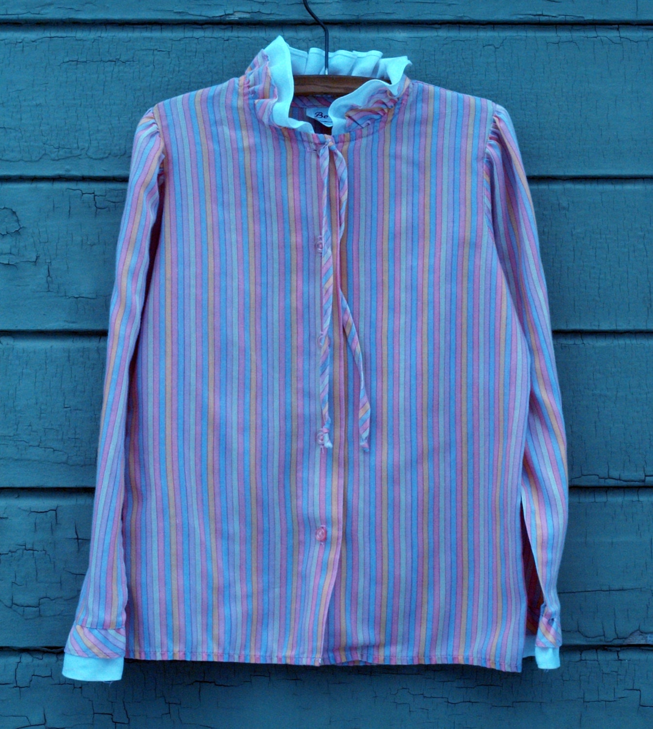 vintage pastel striped ruffled secretary blouse by be ge
