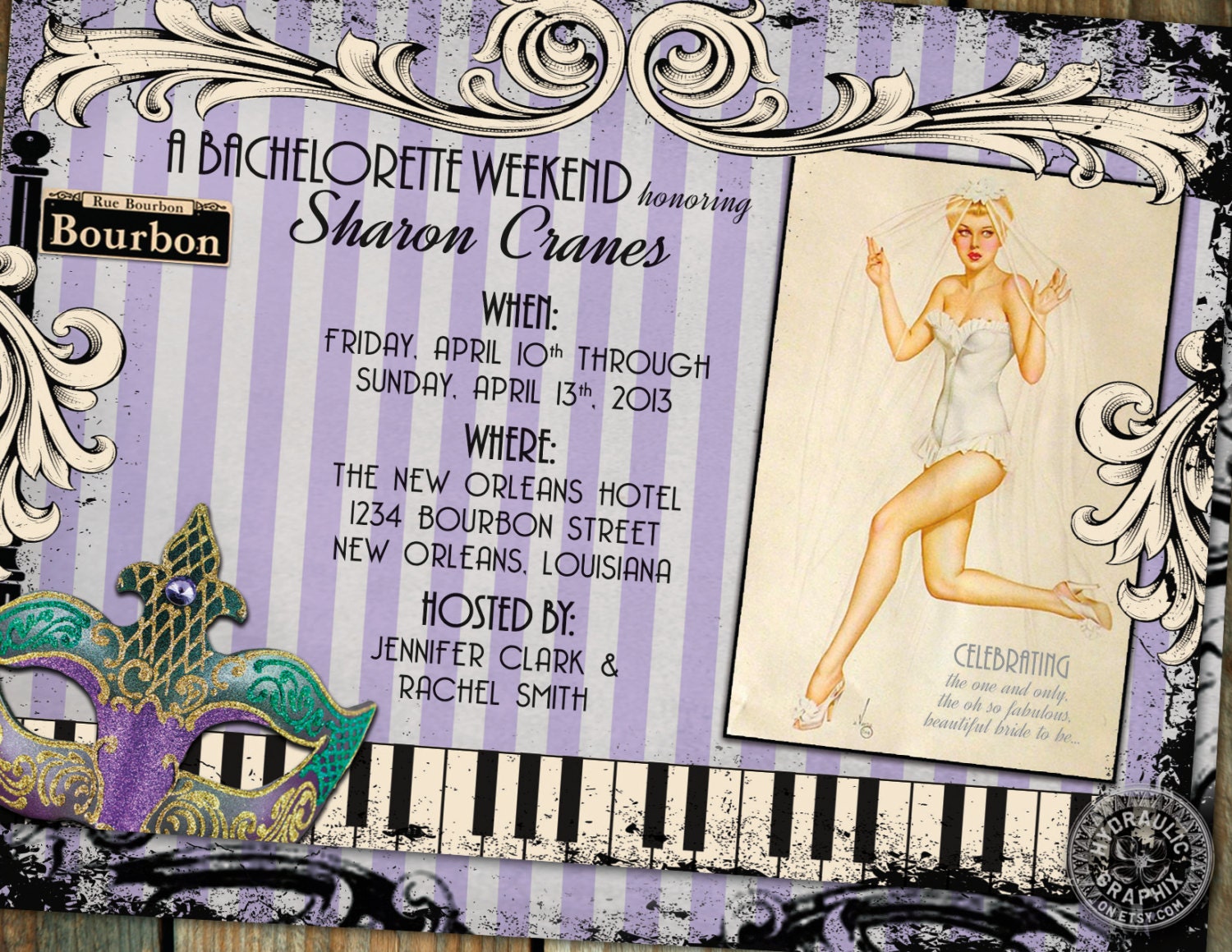 New Orleans Bachelorette Party Invitation with pinup girl, bourbon street sign, jazz piano keys and mardi gras mask, or for birthday Il_570xn