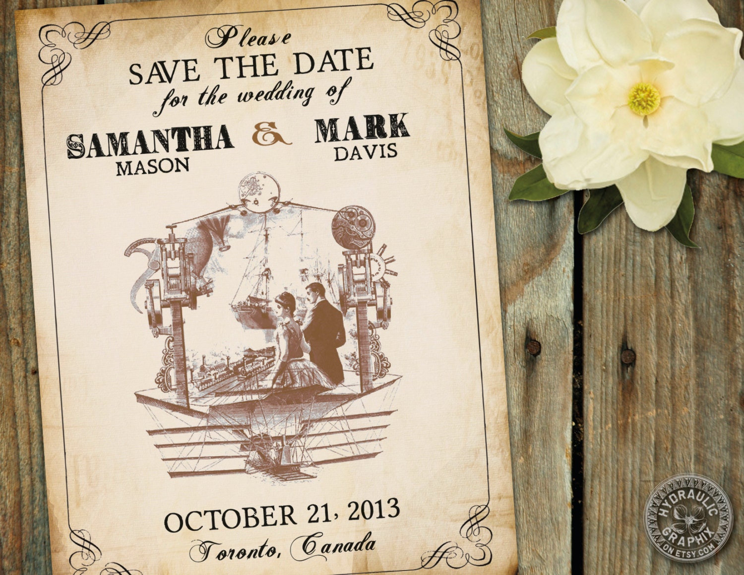 Victorian Steampunk inspired Save the Date for wedding with plane, gears and hot air balloons with couple Il_570xn
