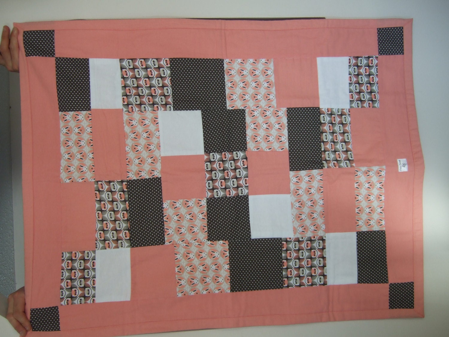 Girls Organic Cotton Patchwork Crib Quilt - OOAK Owls and Bunnies Pink/Brown
